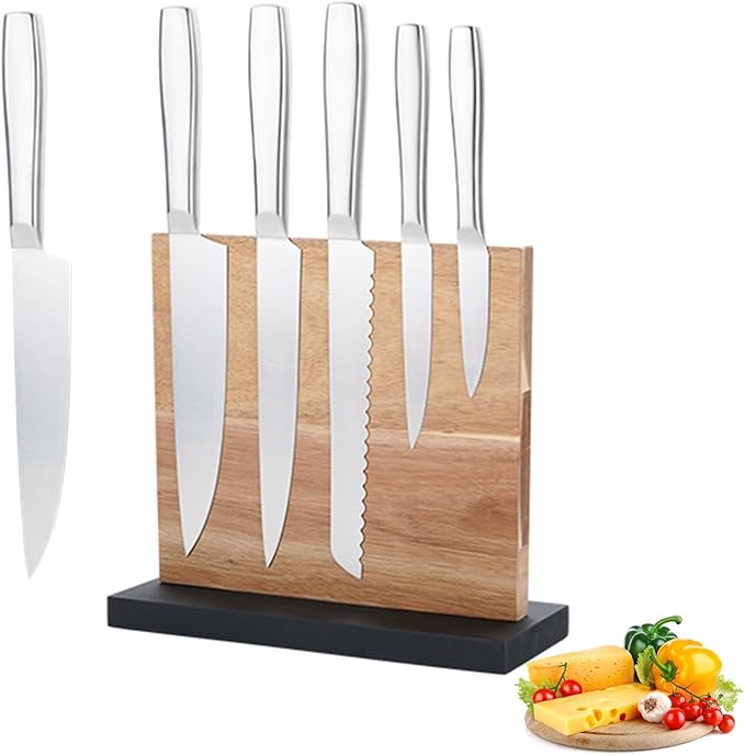 Silver Knife Set，6-Piece Stainless Steel Non-stick Dishwasher Safe Kitchen Knife Block Sets,With Double Sided Wooden Magnetic Block Holder,Gift for Housewarming Cooking Wedding