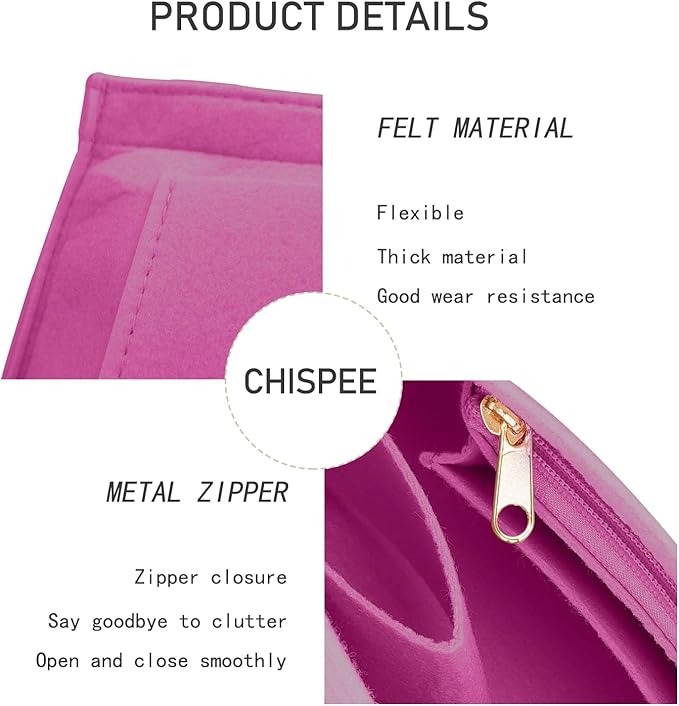 Chispee Felt Purse Organizer Insert Luxury Handbag Organizers for Longchamp Organizer Insert Divider Pocket & Zipper Inner Bag Liner fit Medium, Rose Pink