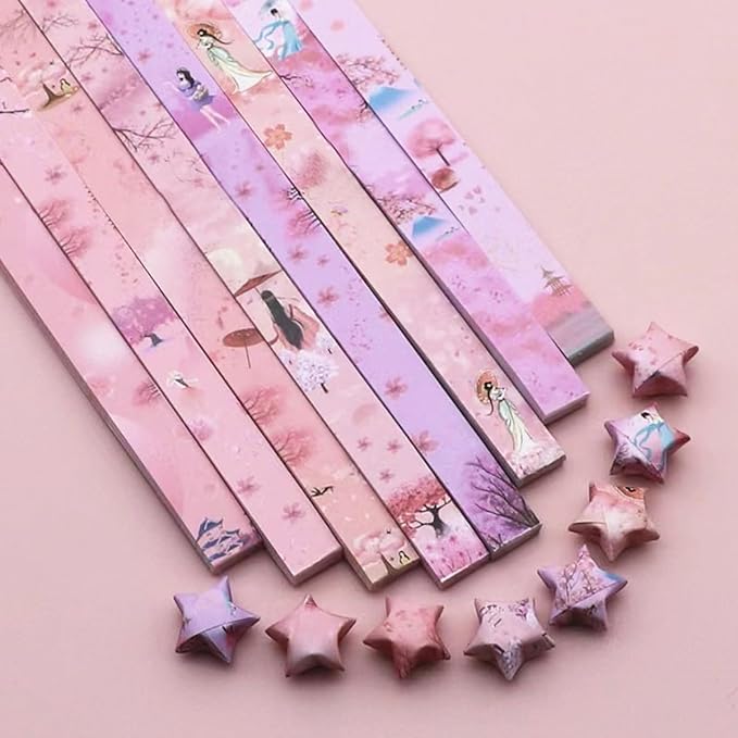 Folding star paper strips with pink patterns, handmade paper 540 sheets