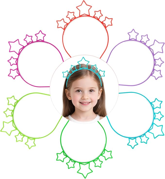 ZIRICHER Luminous Star Headband,Glow In Dark Plastic Hairbands with Teeth Cute Cartoon Hair Hoops for Girls Kids,Party Headbands(6Pcs)