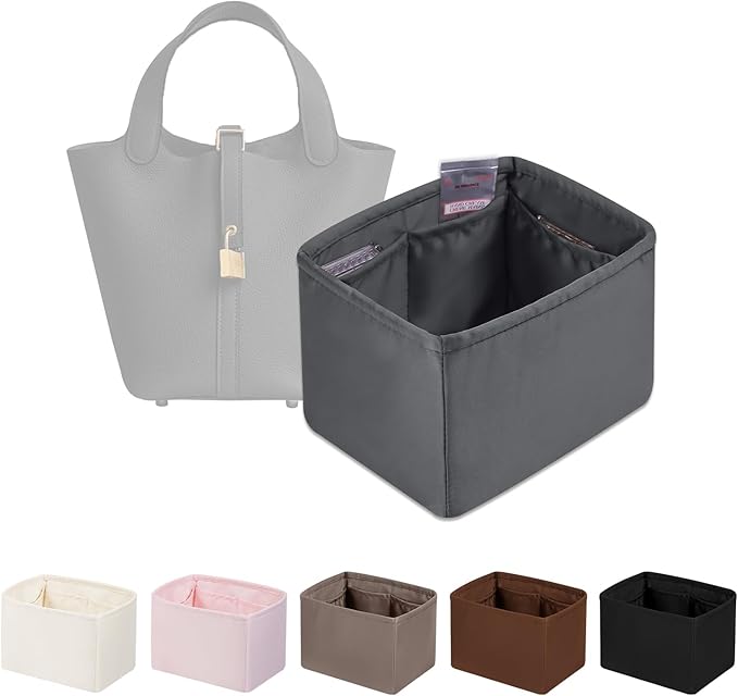Purse Organizer Insert for Picotin 18/22, Satin Bag Organizer for Picotin Bags, Lightweight Purse Essentials for Women Luxury Handbags, Soft Touch Inner Liner with Multiple Pockets (Gris meyer, PC18)