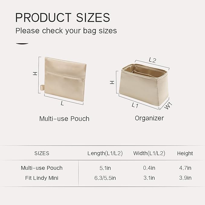 Silky Bag Insert Fit for Hermes Lindy 19/26, Silky Purse Organizer, Lightweight and Silk Touch (Fits Mini Lindy 19, Champagne/Etoupe Grey)