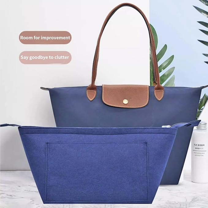 Chispee Purse Organizer Insert for Handbags, Felt Bag Organizer with Zipper Handbag Organizers for Longchamp Divider Pocket & Zipper Inner Bag Liner Women's Bag Organizer (Navy Blue,S)