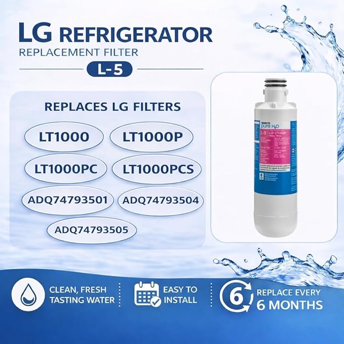 Watts L-5 LG Refrigerator Water Filter Replacement Cartridge, Compatible with LT120F/ADQ73613901, 6-Month Life, Reduces Lead, Chlorine, Taste & Odor, NSF Certified