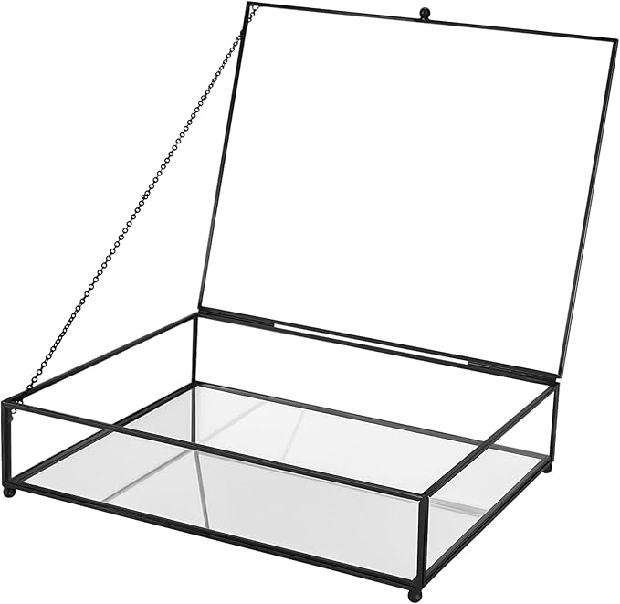 Large Glass Boxes for Display Handmade, Mirrored Bottom, Glass Jewelry Trinket Box with Lid, for Book, Photo, Keepsake Organizer, Display Case for Vanity Decor Home Dresser, Black