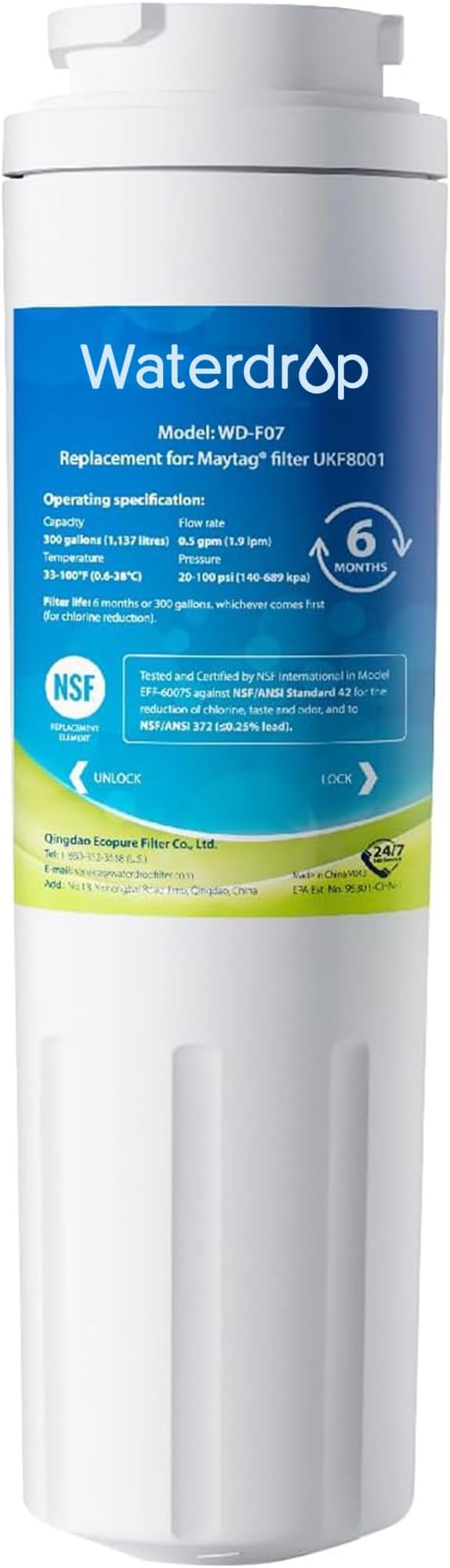 Waterdrop EDR4RXD1 Refrigerator Water Filter,Replacement for EveryDrop® Filter 4, Whirlpool® UKF8001, 4396395, Maytag® UKF8001AXX-200, UKF8001AXX-750, Kenmore® 46-9006, WD-F07