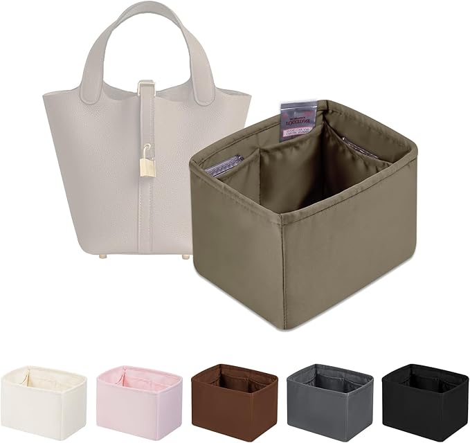 Purse Organizer Insert for Picotin 18/22, Satin Bag Organizer for Picotin Bags, Lightweight Purse Essentials for Women Luxury Handbags, Soft Touch Inner Liner with Multiple Pockets (Etoupe grey, PC22)