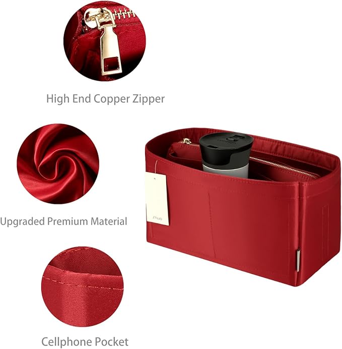 Purse Organizer Insert For Handbags, Purse Organizer With Zipper, Neverfull Organizer, Bag Organizer For Speedy Neverfull ONTHEGO Tote, Handbag and More (Silky Red, small)