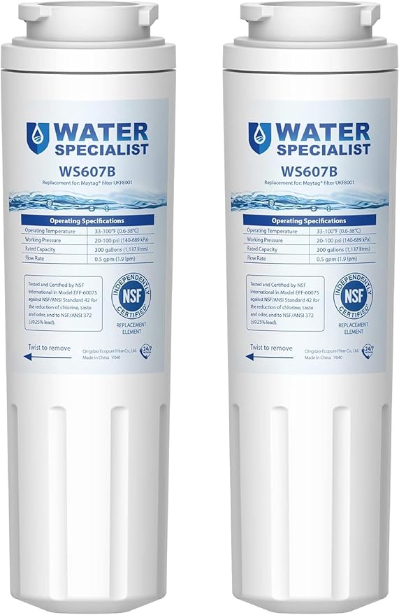 Waterspecialist UKF8001 Water Filter, Replacement for EveryDrop® Filter 4, Whirlpool EDR4RXD1, 4396395, Wrx735sdbm00, Mfi2570fez Msd2651heb, Krfc300ess01, Pack of 2