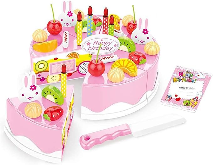 38 PCS DIY Cutting Birthday Party Cake Model Ornament Pretend Kitchen Food Set, DIY Fruit Cutting Kitchen Pink/Blue Cut Cake Gift (38PCS Pink)