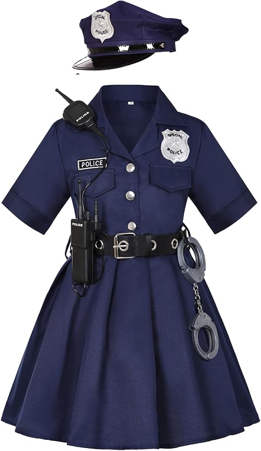 Girls Police Officer Costume Kids Cop Uniform Toddler Policeman Outfit, Police Dress Up Career Day Halloween Gifts