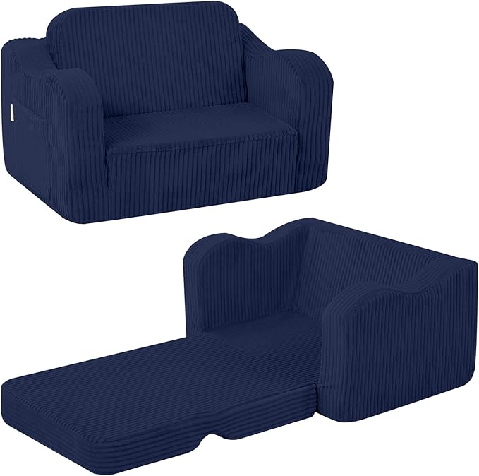MeMoreCool Toddler Corduroy Chair – 2-in-1 Foldable Sofa Bed, Navy | Ages 1–3, Lightweight & Compact, Washable Cover for Nursery & Travel