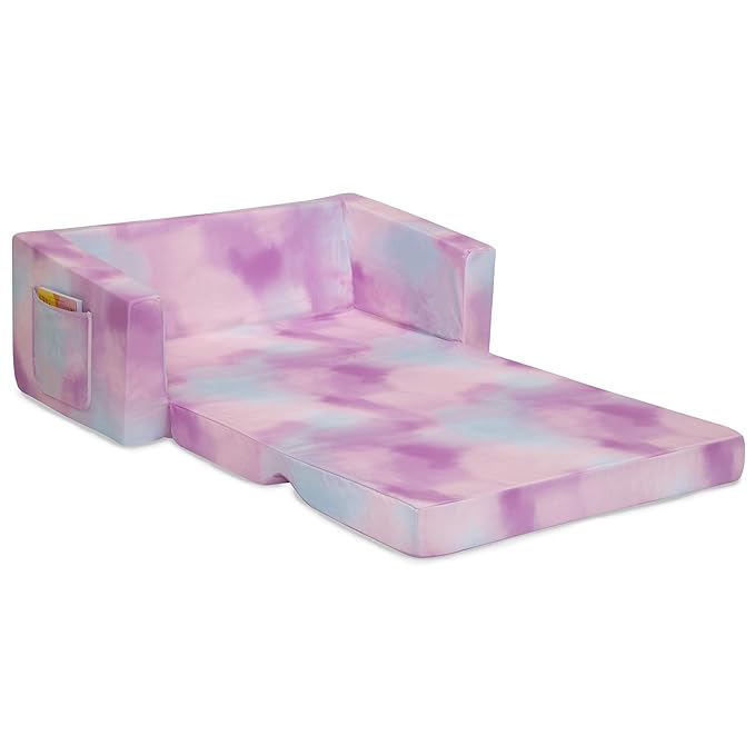 Delta Children Cozee 2-in-1 Sofa, 2-Seater Convertible Toddler Couch Sleeper, Wide 2-in-1 Flip Open Foam Chair for Playroom, Pet-Friendly, Bed Lounger, Comfy Play Sleeping Lounge Chair, Pink Tie Dye