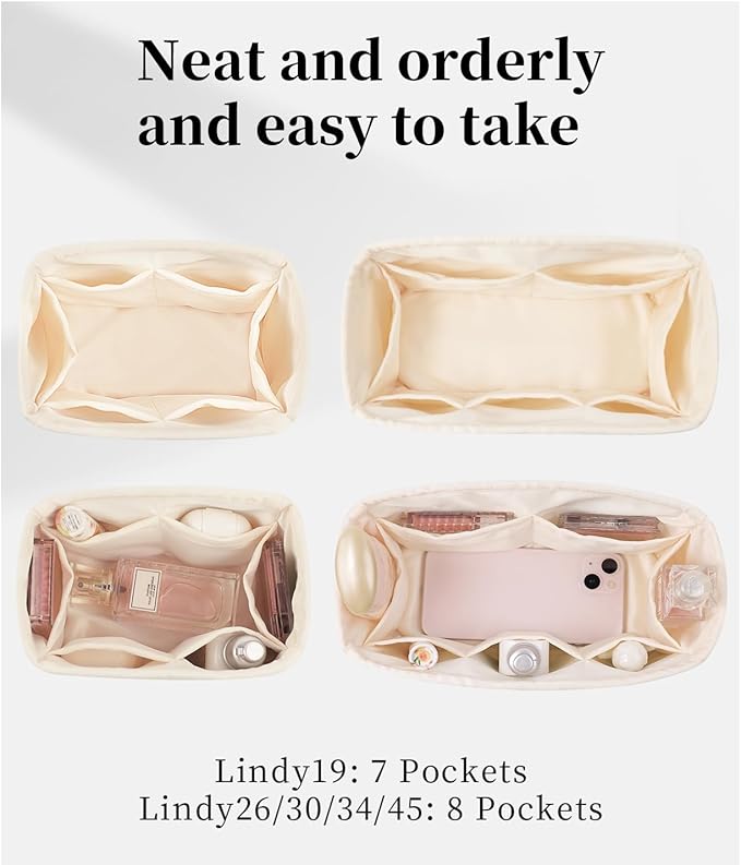 Lindy Bags Organizer Insert, Bag Storage with Silky Satins Material, Lightweight Inner Bag Compatible with Lindy 30 Bag Storage, Multiple Pockets Large Capacity (Craie, Lindy30)