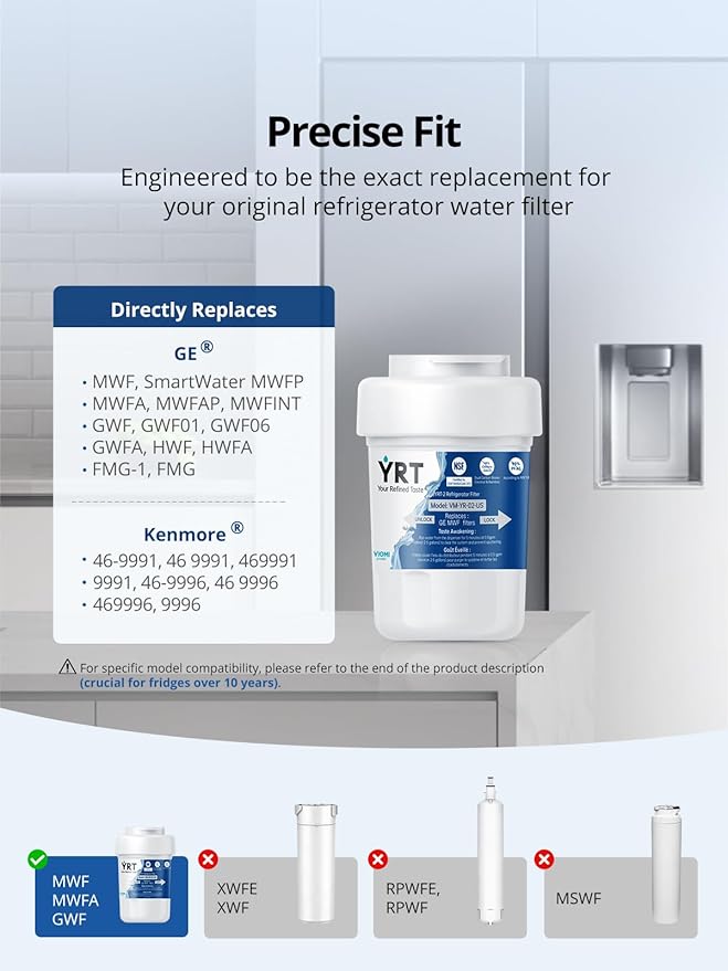 YRT MWF Replacement for SmartWater MWFP, MWFA, GWF, GWF01, GWF06, GWFA, HWF, FMG, Kenmore 9991, Ice & Water Filter Replacement, NSF/ANSI 372&53&42 Certified, Refrigerator Water Filter (Pack of 3)