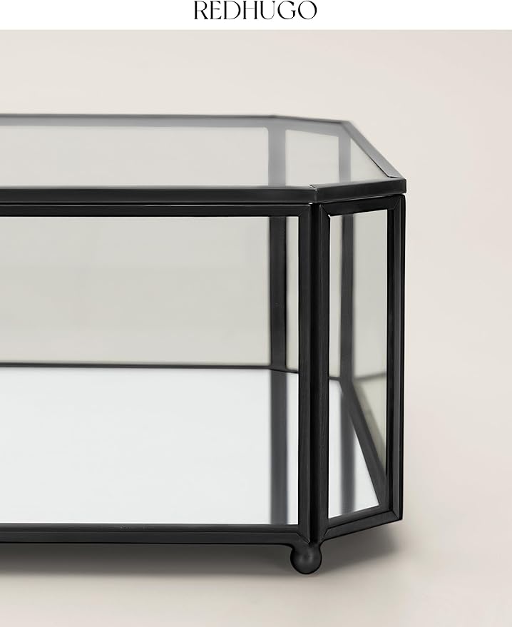 Large Glass Boxes for Display Handmade, Mirrored Bottom, Glass Jewelry Box with Lid, Trinket Box Book Photo Keepsake Organizer, Display Case for Vanity Decor Home Dresser, Octagon, Black