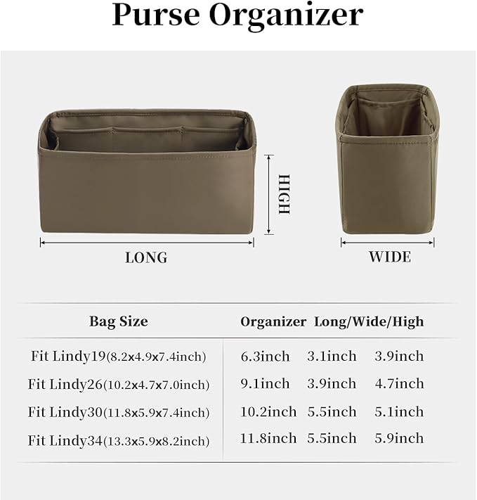 Lindy Bags Organizer Insert, Bag Storage with Silky Satins Material, Lightweight Inner Bag Compatible with Lindy 30 Bag Storage, Handbag Insert with Pockets (Etoupe grey, Lindy30)