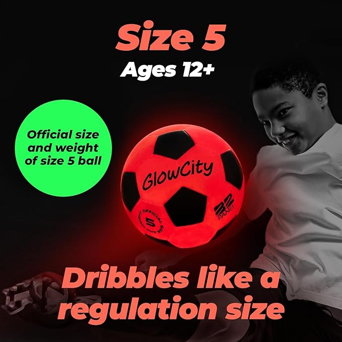 GlowCity Glow in The Dark Soccer Ball - Sizes 3, 4, 5 for Kids, Teens & Adults - Light Up Soccer Ball with 2 LED Lights - Sports Birthday Gifts Ideas for Boys & Teenagers Ages 6 7 8 9 10 11 12 13 14