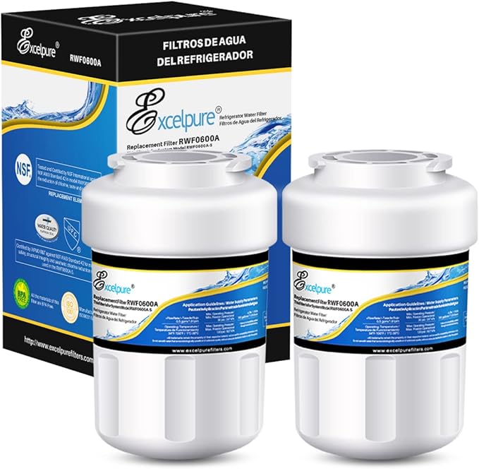 EXCELPURE RWF0600A Replacement for PC75009, HDX FMG-1, GSE25GSHECSS, 197D6321P006, RWF1060, WSG-1, WFC1201, WS613B-A, Kenmore 46-9996, CF8, WF287, Compatible with MWF Refrigerator Water Filter, 2PACK