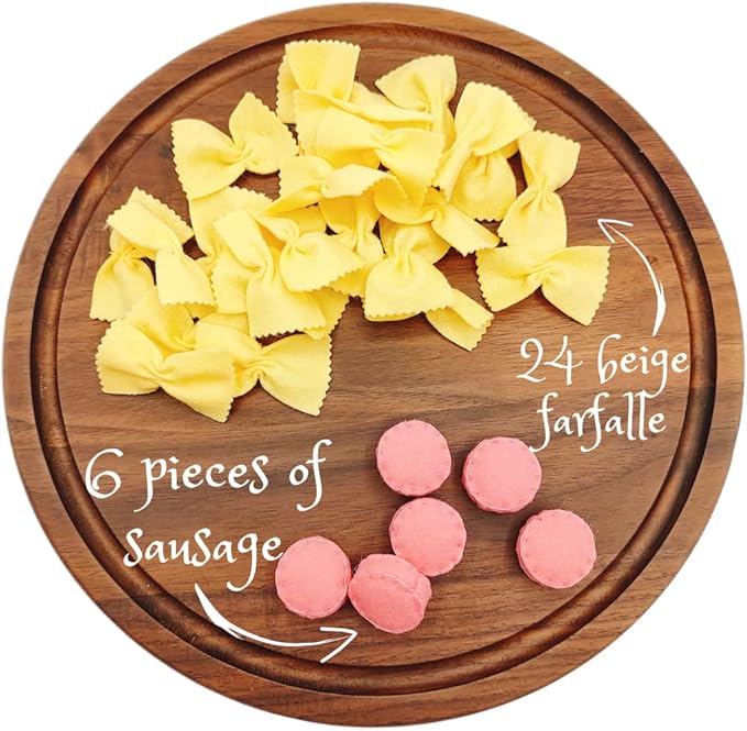 Felt play food Pasta farfalle with sausage for pretend play in kids kitchen, plush fake realistic bow tie (beige farfalle, Large set (24 farfalle, 6 sausages))