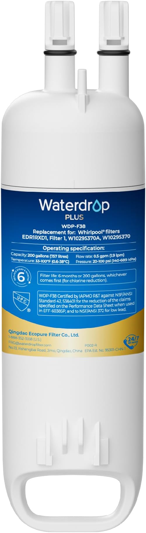 Waterdrop Plus EDR1RXD1 Replacement for Everydrop® Filter 1,W10295370A EDR1RXD1B, P8RFWB2L, P4RFWB, 46-9081, 46-9930 Refrigerator Water Filter