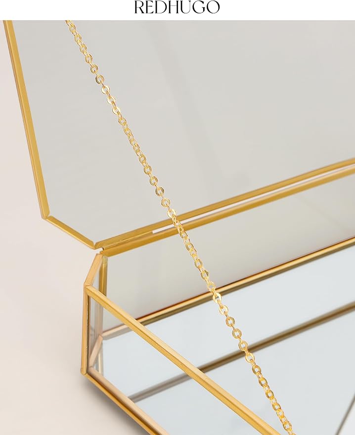 Large Glass Boxes for Display Handmade, Mirrored Bottom, Glass Jewelry Box with Lid, Trinket Box Book Photo Keepsake Organizer, Display Case for Vanity Decor Home Dresser, Octagon, Gold