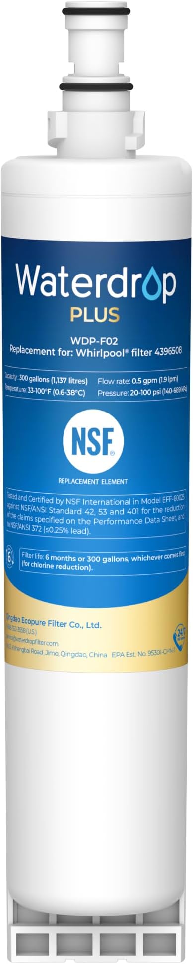Waterdrop Plus 4396508 Refrigerator Water Filter, NSF 401&53&42 Certified, Reduce RFAS, Replacement for Whirlpool® 4396508, 4396510, EveryDrop Filter 5, EDR5RXD1