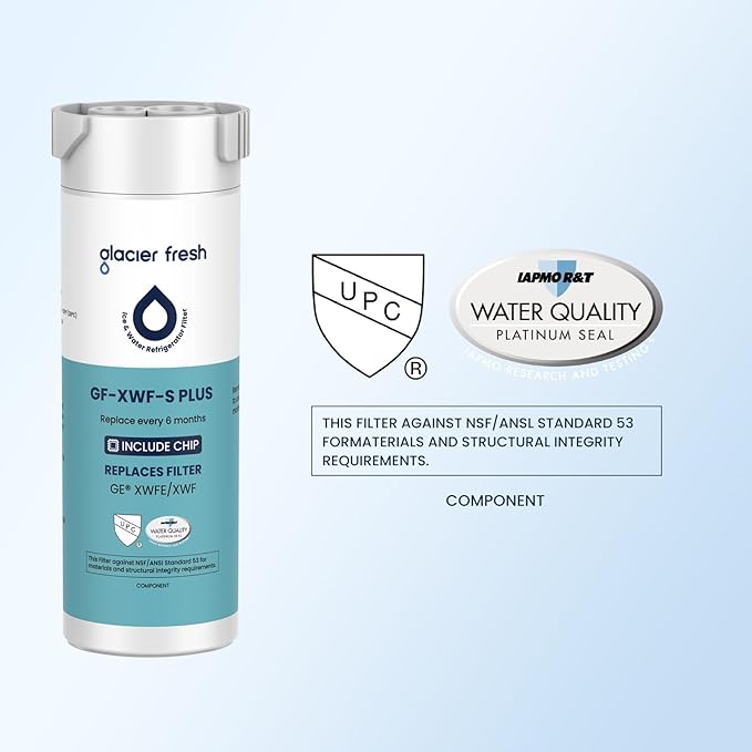 GLACIER FRESH Water Filter Compatible with XWFE (Built-in CHIP), Replacement for GE XWFE, XWF Refrigerator Water Filter NSF/ANSI 53 Certification Pack of 1