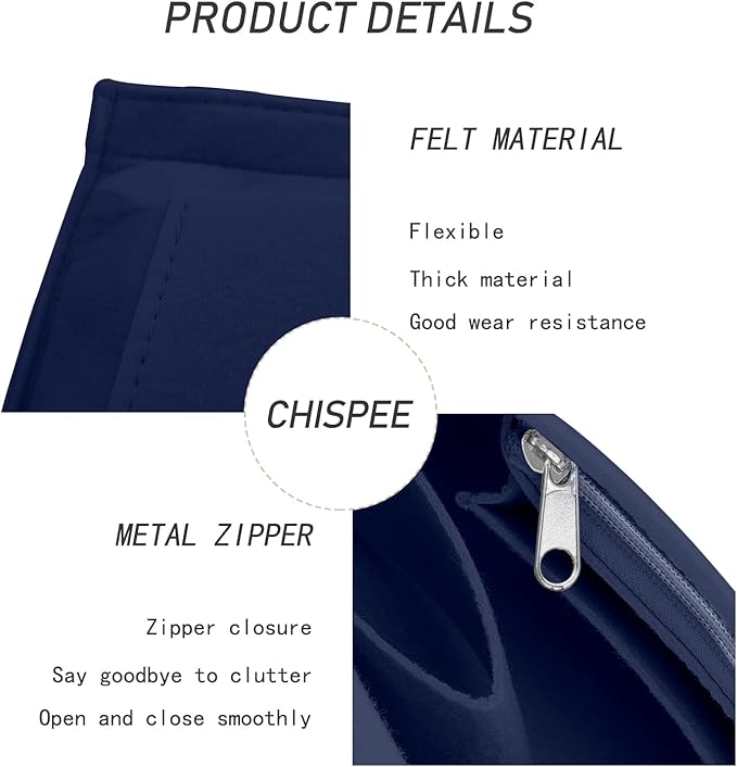 Chispee Handbag Organizers for Longchamp Felt Purse Divider Organizer Insert Pocket & Zipper Inner Bag Liner fit Small, Navy Blue
