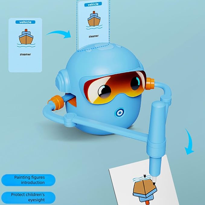 CUIFATI Smart Drawing Robot for Kids, Interactive Educational Drawing Robot with 100 Cards & 14 Colorful Pens, Robot Drawing Machine for Gift (Blue)