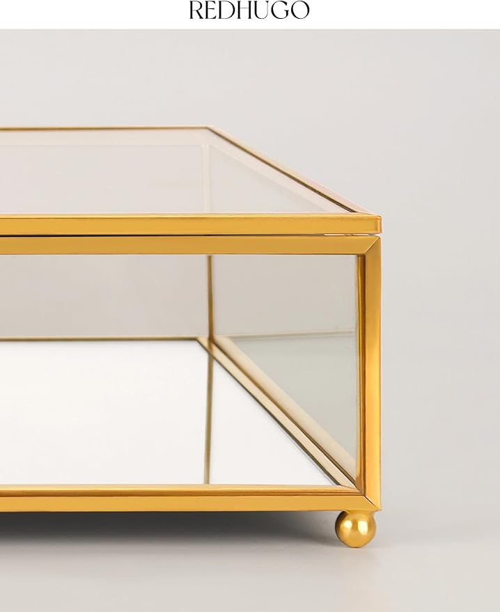 Large Glass Boxes for Display Handmade, Mirrored Bottom, Glass Jewelry Trinket Box with Lid, for Book, Photo, Keepsake Organizer, Display Case for Vanity Decor Home Dresser, Gold