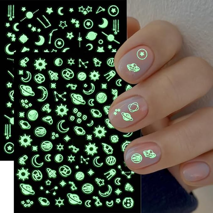 DANNEASY 12 Sheets Fluorescence Nail Art Stickers Holographic Butterfly Nail Decals Star Moon Constellation Nail Design Stickers Self-Adhesive Nail Stickers for Nail Art Accessories