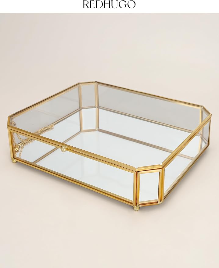 Large Glass Boxes for Display Handmade, Mirrored Bottom, Glass Jewelry Box with Lid, Trinket Box Book Photo Keepsake Organizer, Display Case for Vanity Decor Home Dresser, Octagon, Gold