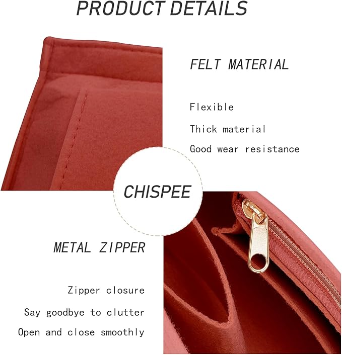 Chispee Purse Organizer Felt Tote Bag Organizer Insert Luxury Handbag Organizers for Longchamp Divider Pocket & Zipper Inner Bag Liner fit Large, Red