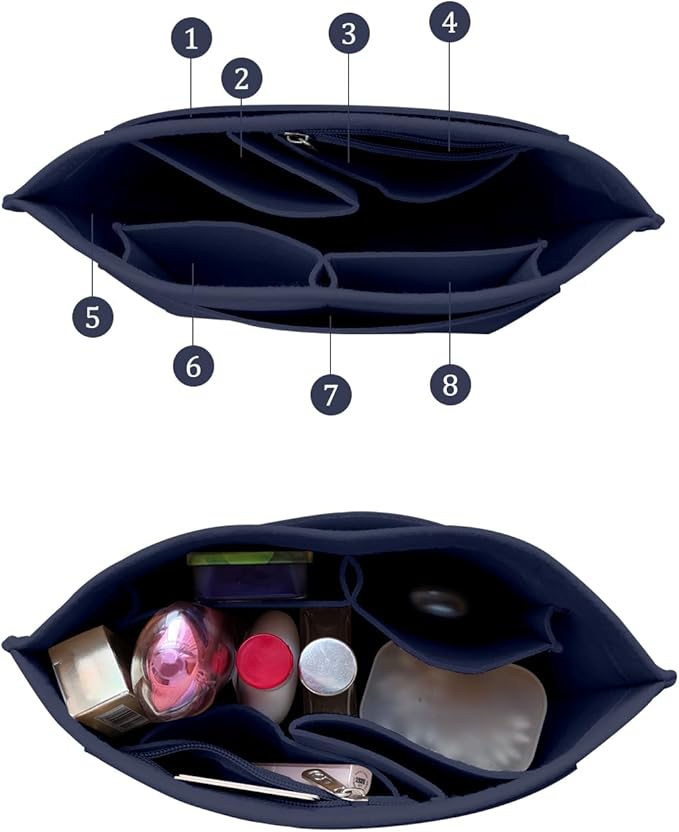 Chispee Felt Purse Organizer Insert for Longchamp Totes, Luxury Handbag Organizer with Zipper and Multi-Pockets, Inner Bag Liner for Medium Handbags, Navy Blue
