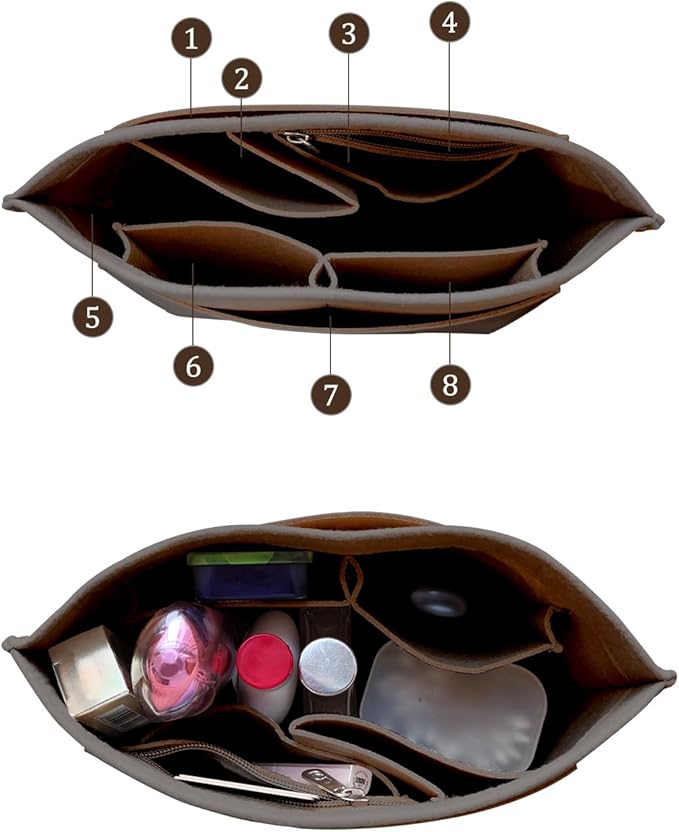 Chispee Felt Purse Organizer Insert Luxury Handbag Organizers for Longchamp Organizer Insert Divider Pocket & Zipper Inner Bag Liner fit Medium, Light Tan