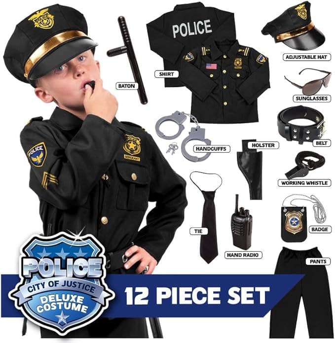 Kangaroo Police Costume for Kids – 12 Pc Black Cop Outfit with Hat, Badge, Handcuffs, Holster & More