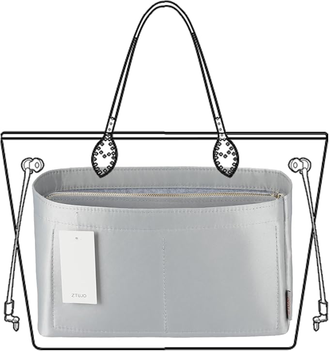 ZTUJO Purse Organizer Insert For Handbags, Purse Organizer With Zipper, Neverfull Organizer, Bag Organizer For Speedy Neverfull ONTHEGO Tote, Handbag and More (Silky Grey, X-Large)