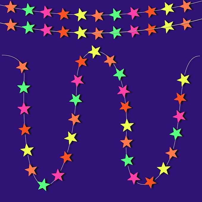 106feet Glow in The Dark Neon Star Paper Garland Under Blacklight for Birthday Party Supplies and Decorations Hanging Fluorescent Green Pink Streamers for Party Favors Wedding Accessories