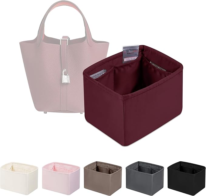 Purse Organizer Insert for Picotin 18/22, Satin Bag Organizer for Picotin Bags, Lightweight Purse Essentials for Women Luxury Handbags, Soft Touch Inner Liner with Multiple Pockets (Rouge H, PC22)