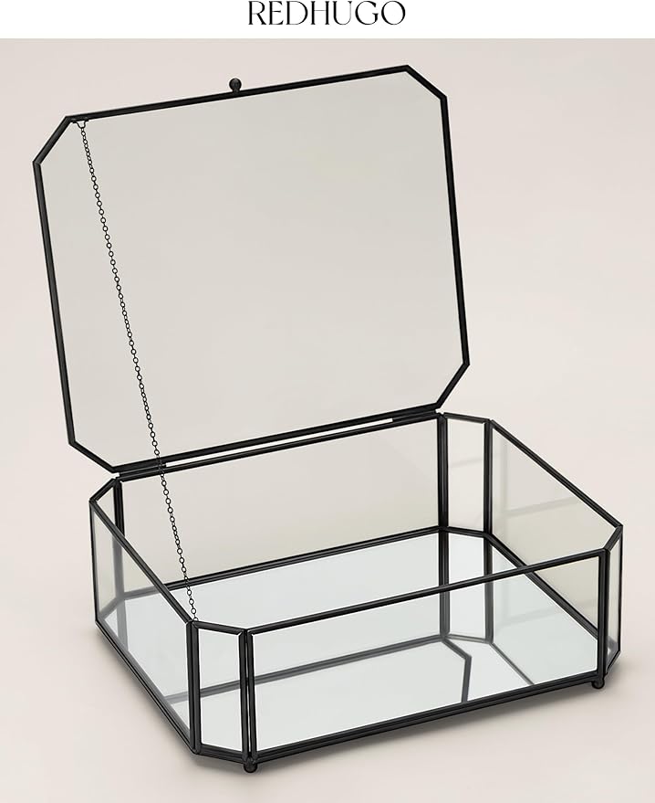 Large Glass Boxes for Display Handmade, Mirrored Bottom, Glass Jewelry Box with Lid, Trinket Box Book Photo Keepsake Organizer, Display Case for Vanity Decor Home Dresser, Octagon, Black