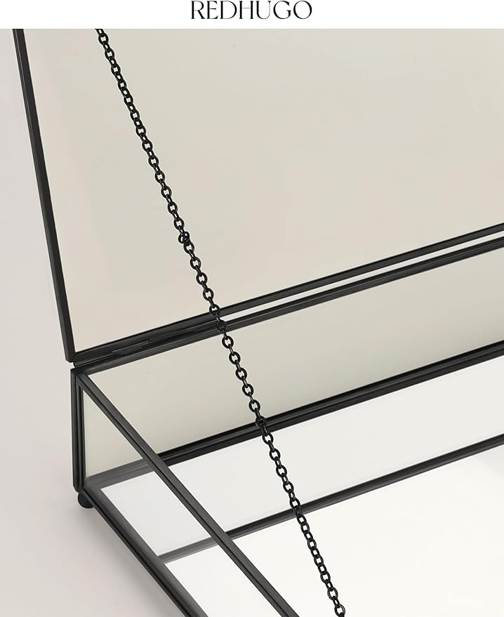 Large Glass Boxes for Display Handmade, Mirrored Bottom, Glass Jewelry Trinket Box with Lid, for Book Photo Keepsake Organizer Display Case for Vanity Decor Home, 10.4"L x 8.5"W x 3.7"H, Black