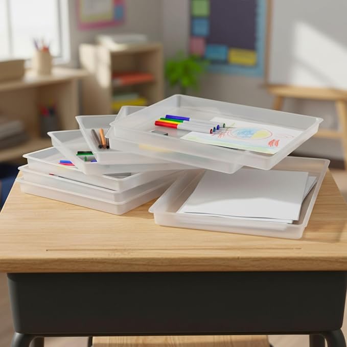 Fun Express 16" x 12" Easy Clean Clear Flat Classroom Storage Trays - 6 Pieces