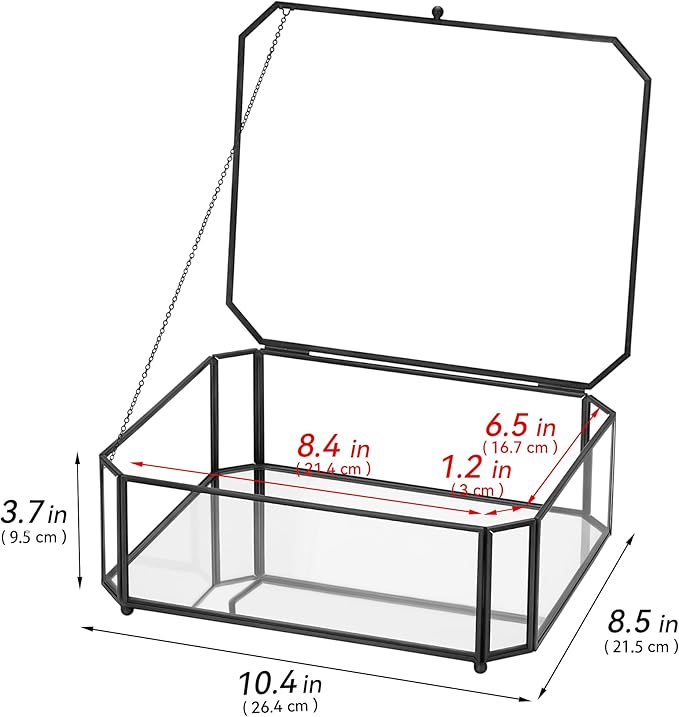 Large Glass Boxes for Display Handmade, Mirrored Bottom, Glass Jewelry Box with Lid, Trinket Box Book Photo Keepsake Organizer, Display Case for Vanity Decor Home Dresser, Octagon, Black