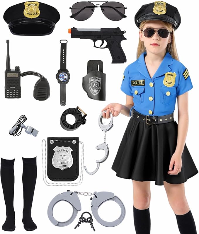 9 Pcs Halloween Police Officer Costume Kids Girls Cop Policeman Cosplay Uniform Outfits with Gear Stuff Accessories