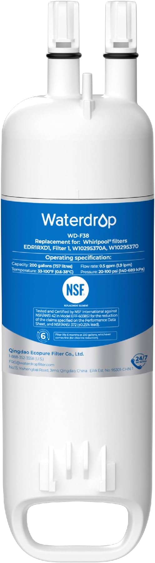 Waterdrop EDR1RXD1 Replacement for Everydrop® Filter 1, Whirlpool® W10295370A, EDR1RXD1B, P8RFWB2L, P4RFWB, WD-F38, Kenmore® 46-9081, 46-9930 Refrigerator Water Filter