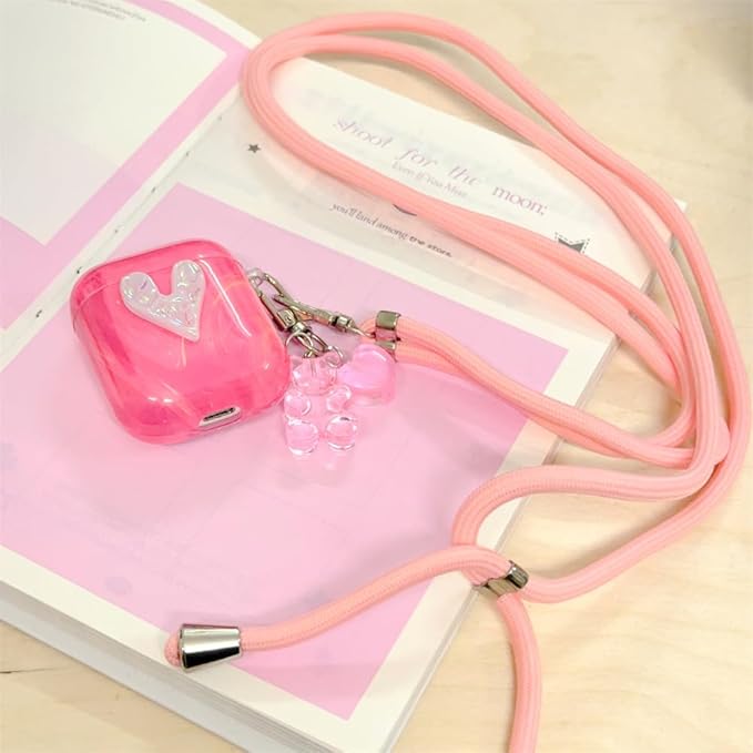 Silicone Case for AirPods 1st/2nd Generation;Women's Pink Marble Shock-Resistant Cover with 3D Heart Design, Adjustable Neck Strap & Keychain, Travel-Friendly Protective Case for Girls Women