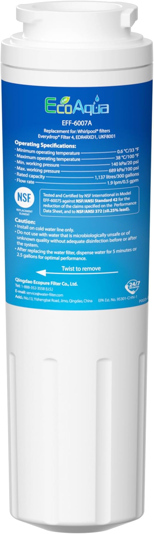 EcoAqua Replacement Filter, Compatible with Maytag UKF8001, EDR4RXD1, Whirlpool 4396395, Puriclean II, Kenmore 46-9006, Everydrop Filter 4, Viking RWFFR Refrigerator Water Filter