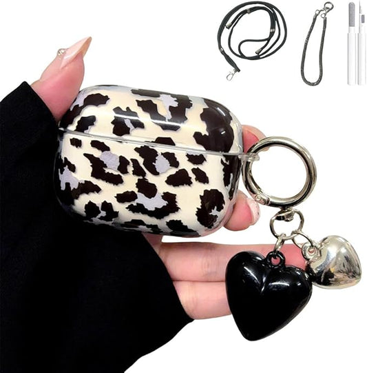 Compatible with AirPods Pro 1st/2nd Generation Case (2019/2022/2023) - Transparent Black Leopard Silicone Cover with Adjustable Neck Strap & Keychain, Cute Shockproof Travel Case for Women Girl