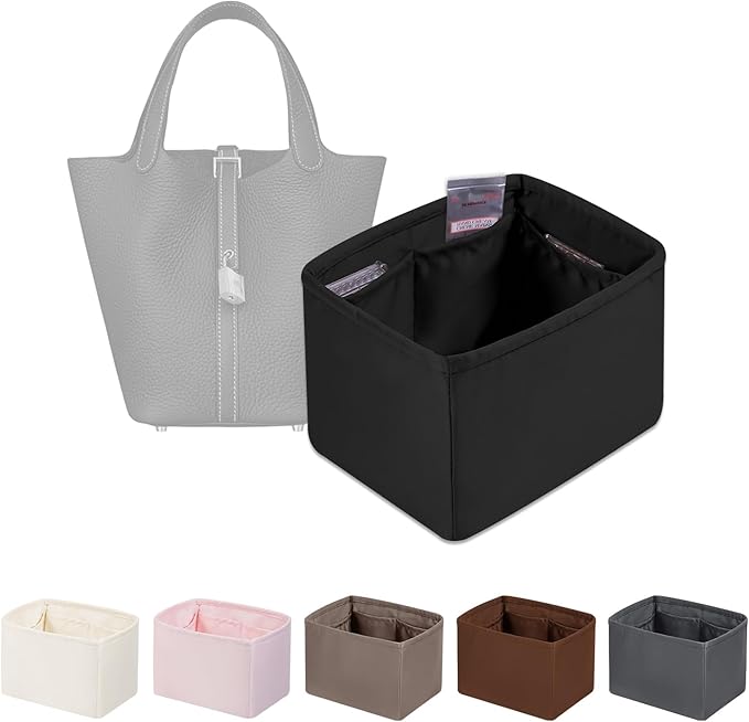Purse Organizer Insert for Picotin 18/22, Satin Bag Organizer for Picotin Bags, Lightweight Purse Essentials for Women Luxury Handbags, Soft Touch Inner Liner with Multiple Pockets (Black, PC22)